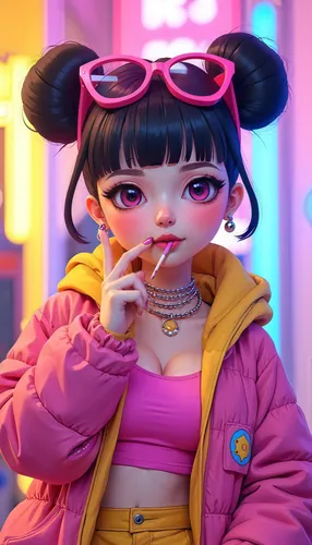 an asian woman in pink and yellow wearing sunglasses,neon candies,neon tea,neon coffee,bubble tea,neon drinks,neon,neon colors,bubblegum,cute cartoon character,neon ice cream,noodle image,neon light,n