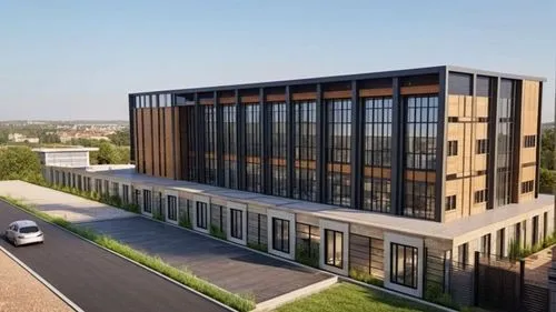 Photo realistic industrial building, blender render, vray render,achicad render ,a building is made of wood and glass,new building,biotechnology research institute,modern building,modern office,new ho