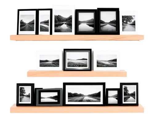 Modern camera, wooden display shelf, multiple photo frames, black and white photographs, colorful snapshots, family portraits, scenic landscapes, warm lighting, soft focus, shallow depth of field, 3/4