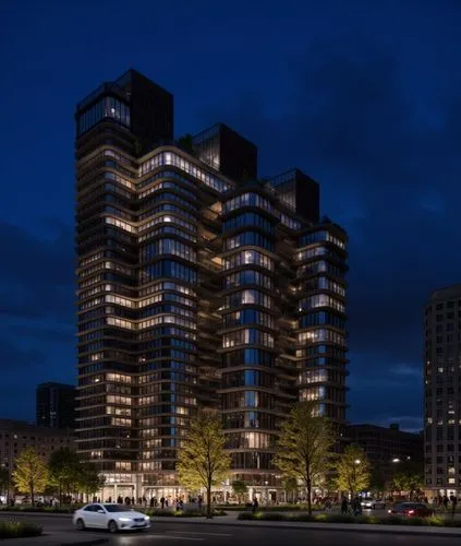 A rendering of a modern, multi-story building at night. the building, located in the middle of the image, is a large, rectangular structure with multiple floors and large windows that allow natural li