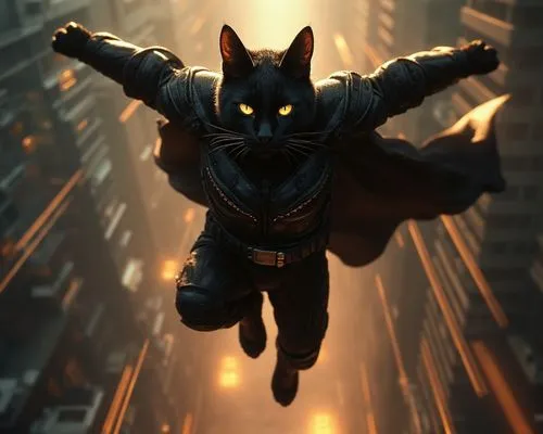 an animated image of a cat in batman costume,supercat,catman,wakanda,catwoman,rocket raccoon,chitauri,vigilante,batsuit,tchalla,batman,owlman,lantern bat,cowl vulture,daredevil,gantman,purgatoire,supe