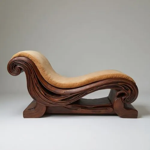 Chaise longue inspired by an ocean wave, with flowing wood carving in dark cherry, brass inlay following the foam lines, and a velvet cushion that blends into the curvature.,an artistic wooden bench a
