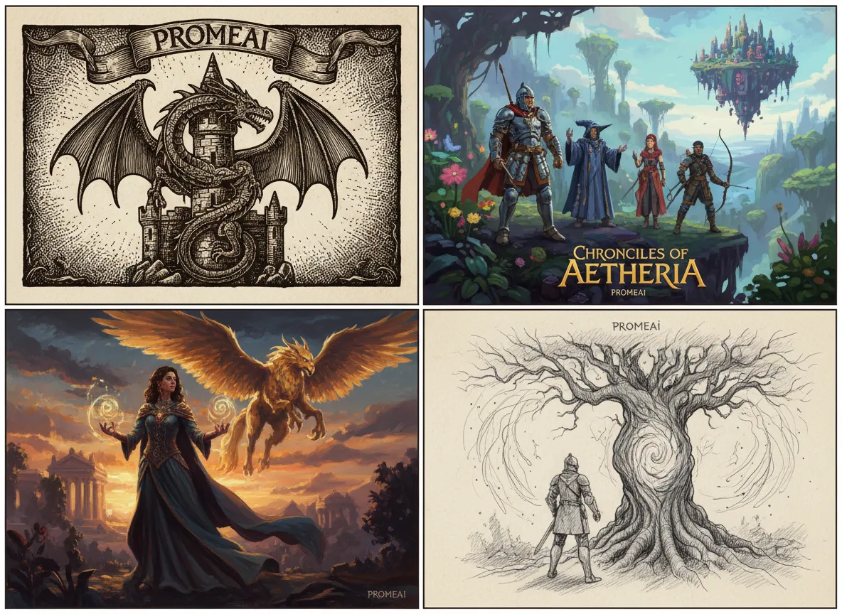 Una griglia di quattro stili artistici fantasy distinti generati da PromeAI: xilografia, RPG vintage, pittura a olio e schizzo monocromatico.