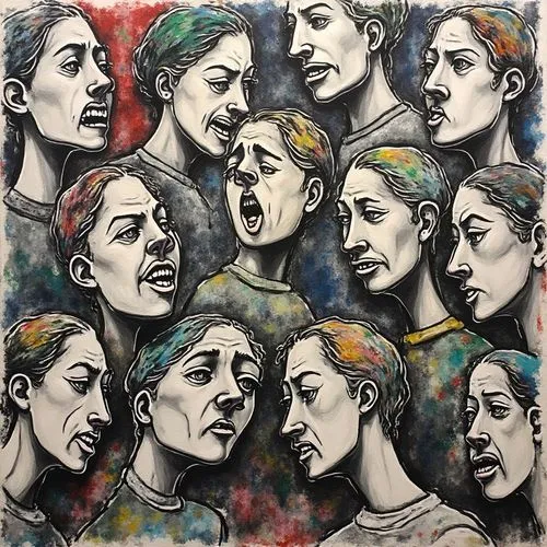 an art work with many people and one man screaming,faces,multicolor faces,bipolar,woman face,wall of tears,woman's face,the girl's face,visages,scared woman,chorus,facial expressions,woman thinking,ex