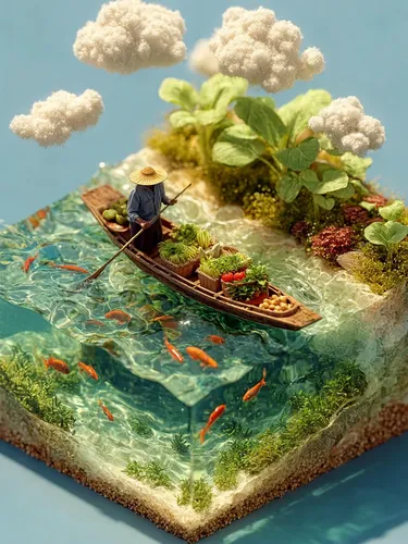 isometric 3D floating cube landscape, realistic Thai countryside canal scene, elderly Thai man paddling a wooden boat filled with vegetables to morning market, traditional wooden house and banana tree