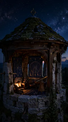 Description: A small observation tower built of light-colored stone under a star-filled night sky, a green roof covered in shimmering moss, wooden beams carved with celestial symbols, narrow openings 