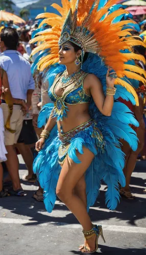 A sex woman dressed as India with a micro feather costume and a feather on her heel at the Rio de Janeiro carnival,maracatu,brazil carnival,carnival,samba,samba deluxe,olodum,nicaraguan cordoba,majore