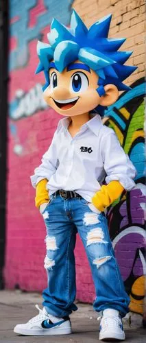 Bleach OC creator, young adult male, messy blue hair, bold black eyebrows, sharp facial features, silver earrings, casual white shirt, ripped blue jeans, sneakers, confident posture, leaning against a