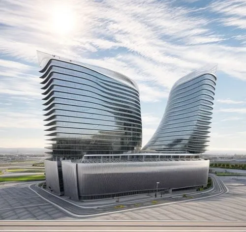 aerial view,distant shot,office building mid rise,commercial building complex,Curved style,Futuristic style,norman foster style,,modern facade,vertical frame,streets,plaza,commercial atmosphere,sidewa
