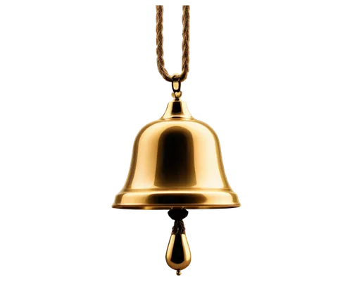 Golden bell, ornate details, rounded shape, shiny surface, metallic material, hanging from rope, solo, close-up, 3/4 composition, soft lighting, warm color tone, cinematic focus.,a golden bell hanging