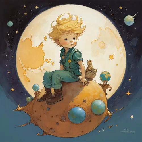the little prince sitting on a planet,astronomer,jupiter moon,baby cloud,violinist violinist of the moon,moons,moonbeam,child fairy,celestial body,stars and moon,herfstanemoon,gaia,little planet,the m
