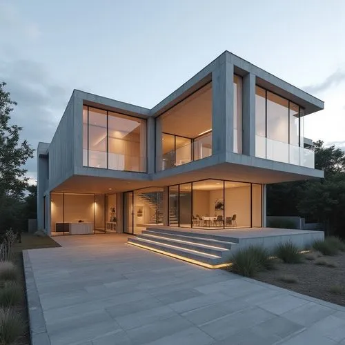 A hyper-realistic, high-resolution architectural photograph capturing a striking, multi-level contemporary home constructed primarily from smooth, exposed concrete. The design is characterized by dram