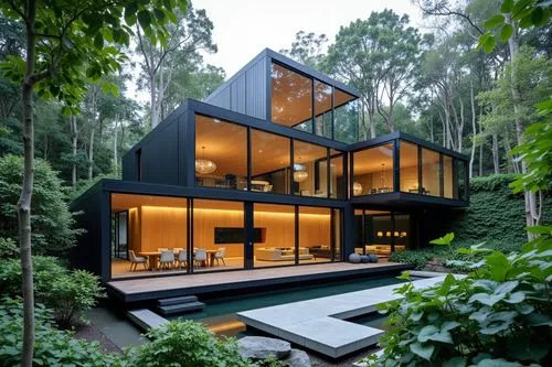 Design stunning glass-walled retreats harmonizing nature with modern elegance.,a house that is on top of a hill,forest house,house in the forest,cube house,modern house,modern architecture,cubic house