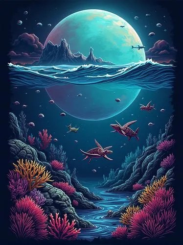 T shirt design, A vibrant underwater scene with colorful fish, turtles, and coral, with the words, "Wildlife Beneath the Waves.",dog in the pocket with a smile on its face,underwater landscape,ocean b