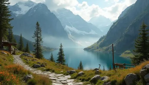 Mountainous landscape, majestic snowy peaks, rugged rocky cliffs, serene alpine lake, misty fog rolling in, vibrant green pine trees, towering above, scattered wildflowers blooming, winding mountain t