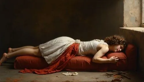 a beautiful woman laying on a red sofa,woman on bed,odalisque,the sleeping rose,girl with cloth,woman laying down,woman praying,siesta,praying woman,chiaroscuro,woman playing,woman eating apple,woman 