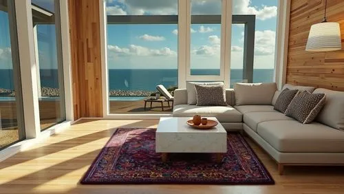 rug,a large living room with large windows overlooks the ocean,beach house,window with sea view,cabana,wood and beach,living room