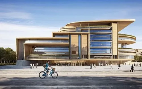an artist's rendering of a building with a bicyclist next to it,renderings,futuristic art museum,kigali,champalimaud,audencia,addis ababa,europan,embl,new building,kaist,blavatnik,technion,skolkovo,mo