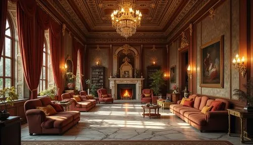 Renaissance style interior, grand villa, luxurious mansion, high ceiling, ornate chandelier, intricate stone carvings, wooden paneling, lavish furnishings, velvet drapes, golden accents, marble floors