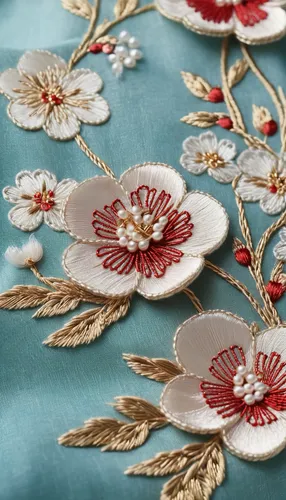 (embroidery texture red plum blossom made by threads:1.3), Spring Festival, dreamy blue, floral decor, Chinese embroidery, (Su embroidery art: 1.3), mother of pearl, beads, gold thread, (small pearl s