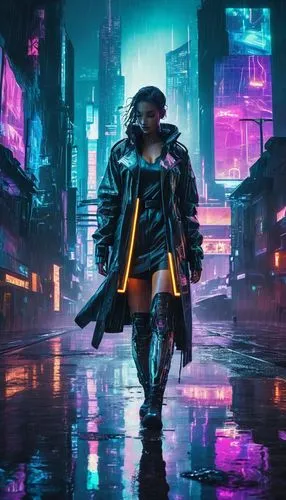 Cyberpunk cityscape, Arbyx character, young adult, futuristic outfit, neon lights, holographic screens, metallic skyscrapers, rainy night, misty atmosphere, 3/4 composition, low-angle shot, dramatic l