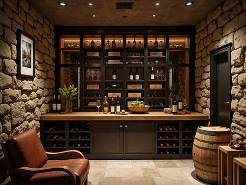 Luxurious wine cellar, rustic stone walls, dark wood shelving, climate-controlled environment, precise temperature regulation, humidity management system, soft warm lighting, elegant glass doors, wood