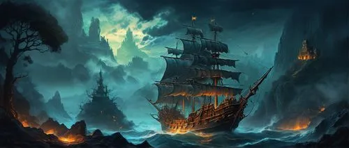 
fantasy setting, map, aged parchment texture, detailed topography, mountain ranges, rivers, forests, medieval cities, villages, cities, trade routes, sea monsters in ocean, treasure locations, compas