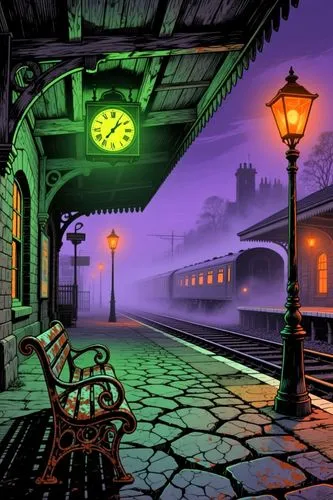 Classic heavy-metal album cover illustration in Derek Riggs style, depicting a foggy night train station from a sharp diagonal angle. Fine, meticulous ink linework renders a menacing wooden canopy ben