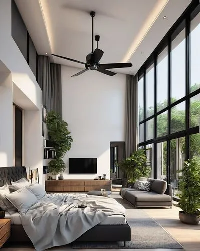 2 story living room 
modern living room with double height living space , long big windows in one side with dak grey cutains, a sofa set and a glass curved table with aesteticgreen indoor [plant and i