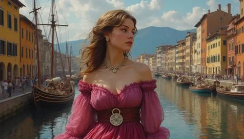 A detailed illustration of a woman in a full fuchsia dress, she is adorned with a large round necklace, the silver and gold tones of her hair contrast with the dark background, giving the scene an art