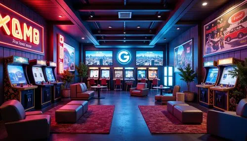 Vibrant game room, neon-lit arcade machines, retro-style posters, bold typography, futuristic sci-fi elements, high-gloss finishes, metallic accents, dynamic color schemes, immersive atmospheric light