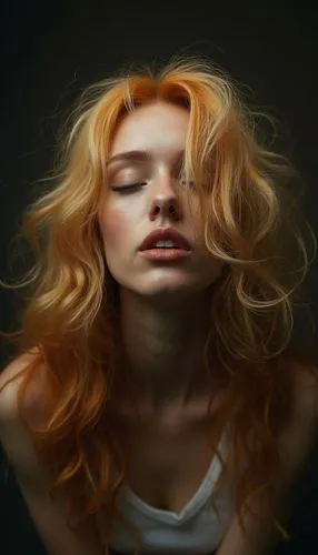 An ethereal and captivating portrait: A blonde woman with abundant, vibrant hair, her eyes closed, giving air kisses. Her vibrant locks, hiding one of her eyes, add mystery and sensuality. The dark ba