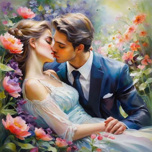 background,romantic portrait,romantic scene,young couple,kiss flowers,amorous,scent of roses,oil painting on canvas,kissing,beautiful couple,wedding couple,art painting,spray roses,love in the mist,wi