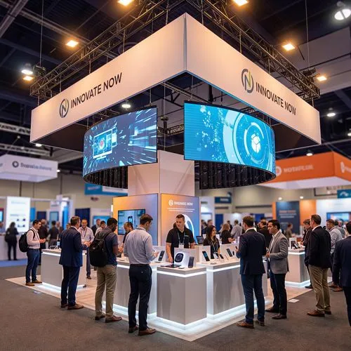 trade show booth design, open structure, modular exhibition stand, brand signage, LED panels, product showcase area, people interacting, realistic lighting, exhibition hall environment, 8k render,some