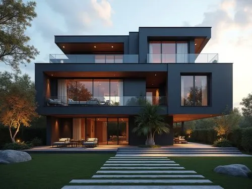 A contemporary, multi-story luxury residence showcasing a bold, geometric composition of stacked rectangular volumes in deep charcoal and slate hues. The façade features sleek glass railings, spacious