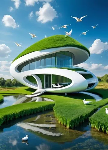 Grass house in the grass feild. A boat floating in the stream. Water mill. White birds are flying. ,futuristic architecture,futuristic art museum,futuristic landscape,eco hotel,floating island,eco-con