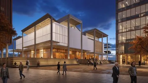 a bunch of people are walking around the outside of a building,philharmonic hall,new building,redevelopment,new city hall,glass facade,modern building,inlet place,penthouses,office buildings,facade pa