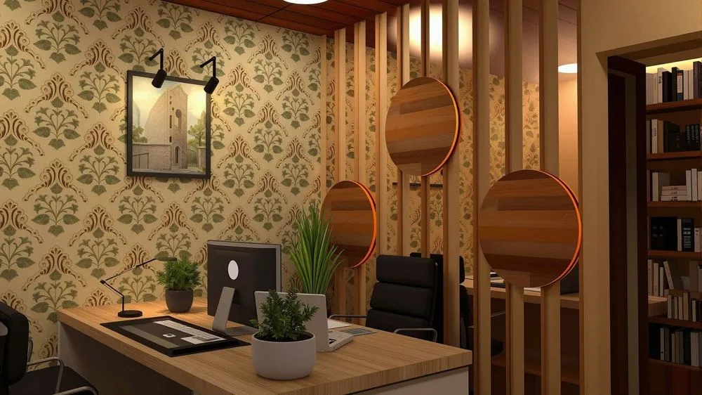 a desk sitting under a painting on the wall