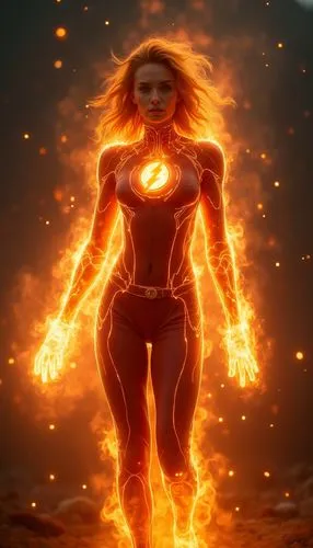 Super realistic high definition female version of the Marvel Human Torch character,a girl with fire and flames on her body,fiery,flamebird,firestar,firestorm,metahuman,fire background