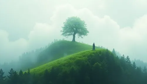 A detailed digital illustration of a lush green hill, surrounded by fluffy white clouds, with a dark forest at its base. The scene, a captivating solitary figure, captures the tranquility and calm ami