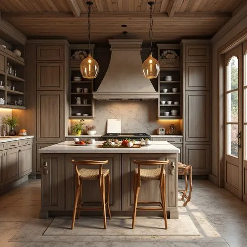 hyperrealistic  Kitchen Design, exotic,  8k, Hyper detailed
,a spacious and elegant country style kitchen,kitchen design,tile kitchen,dark cabinets,kitchen interior,dark cabinetry,vintage kitchen,kitc