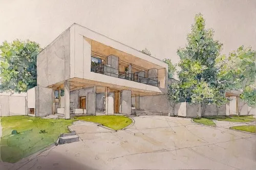 Architecture Drawing
,watercolor of a modern house with trees,house drawing,neutra,modern house,mid century house,residential house,renderings,vivienda,passivhaus,tonelson,townhome,Illustration,Paper 