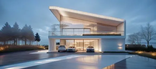the modern house has three cars parked in front of it,prefab,residential property,smart home,provident,propounds,prefabricated