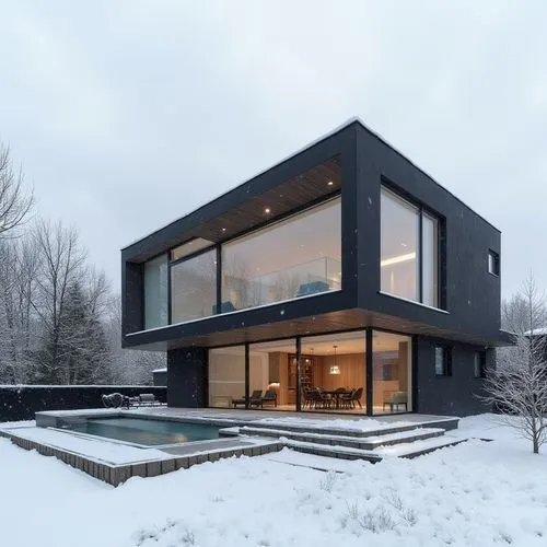  ,a house in the winter with the windows covered,winter house,modern house,snow house,snow roof,cube house,cubic house,modern architecture,snowhotel,dunes house,mirror house,frame house,timber house,s