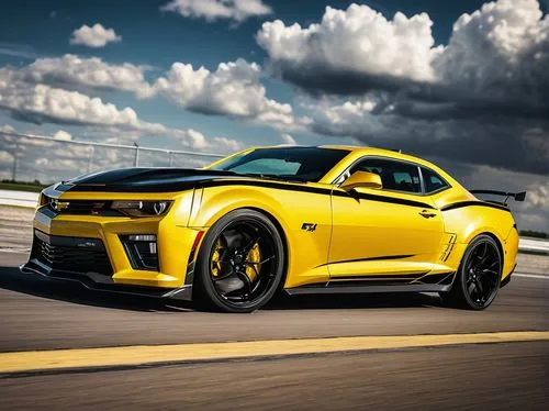 Bumblebee themed Camaro, yellow and black stripes, glossy paint, muscular car body, low-angle shot, racing track background, sunny day, dramatic clouds, shallow depth of field, realistic reflection on