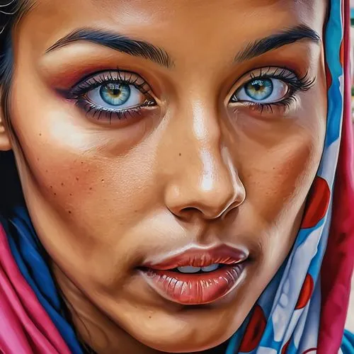 the portrait of a woman is very colorful,world digital painting,women's eyes,digital painting,islamic girl,digital art,welin,adnate,nigerien,mahdawi,tuareg,muslim woman,indian woman,mayeux,akilah,hija