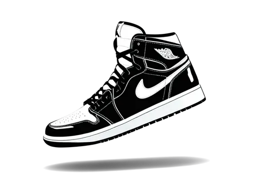 Air Jordan 1, white and black sneakers, iconic basketball shoes, laces tied, tongues out, Jumpman logo, rubber soles, leather uppers, shiny finish, dynamic pose, low-angle shot, dramatic lighting, hig