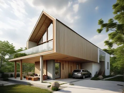 an architectural style house sitting on top of a grass covered field,modern house,timber house,wooden house,danish house,mid century house,cubic house,dunes house,smart house,modern architecture,resid