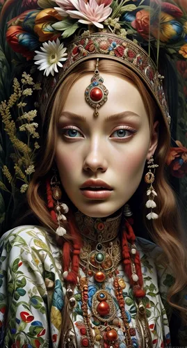 mystical portrait of a girl,the carnival of venice,girl in a wreath,fantasy art,shamanic,fantasy portrait,shamanism,russian folk style,faery,the enchantress,female doll,miss circassian,painter doll,pr