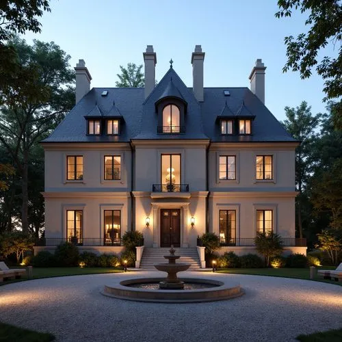 A majestic French Renaissance-style château, intricately crafted from pale limestone, stands at the end of a grand, gravel-covered driveway. Tall, slate-gray mansard roofs, symmetrical chimneys, and d